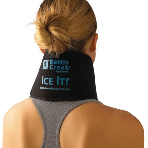 Person wearing a battle creek ice it neck wrap 