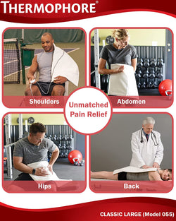 Photo of different uses for a thermophore heating pad , shoulders, abdomen, hips and back 