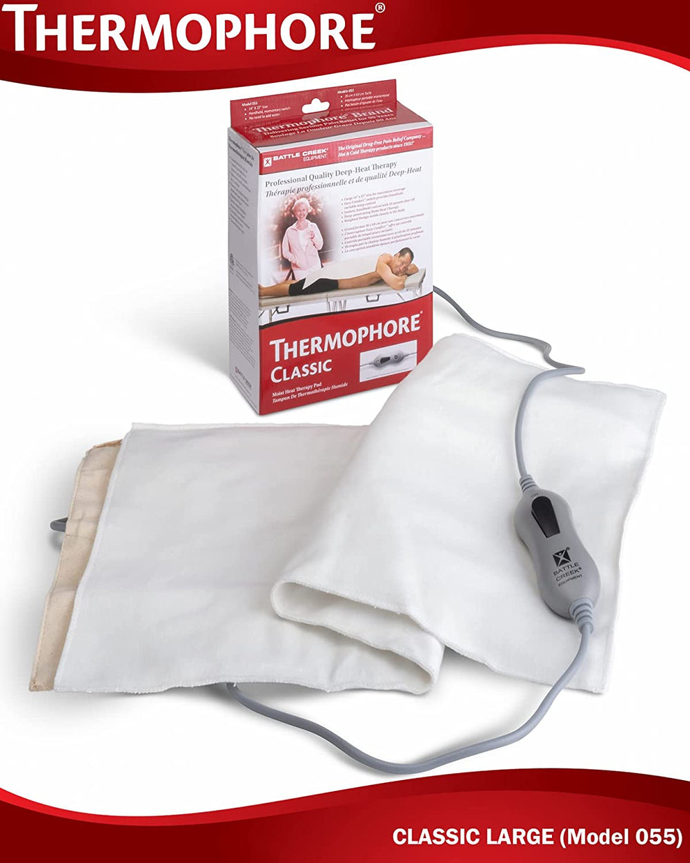 Photo of a box  containing a thermophore classic heating pad