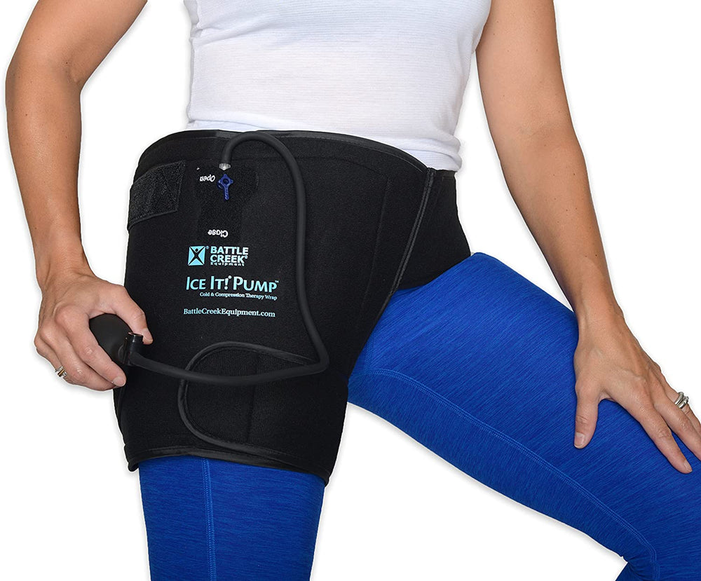Person shown wearing a hip wrap with an air hose and pump   Battle Creek  Ice it Pump