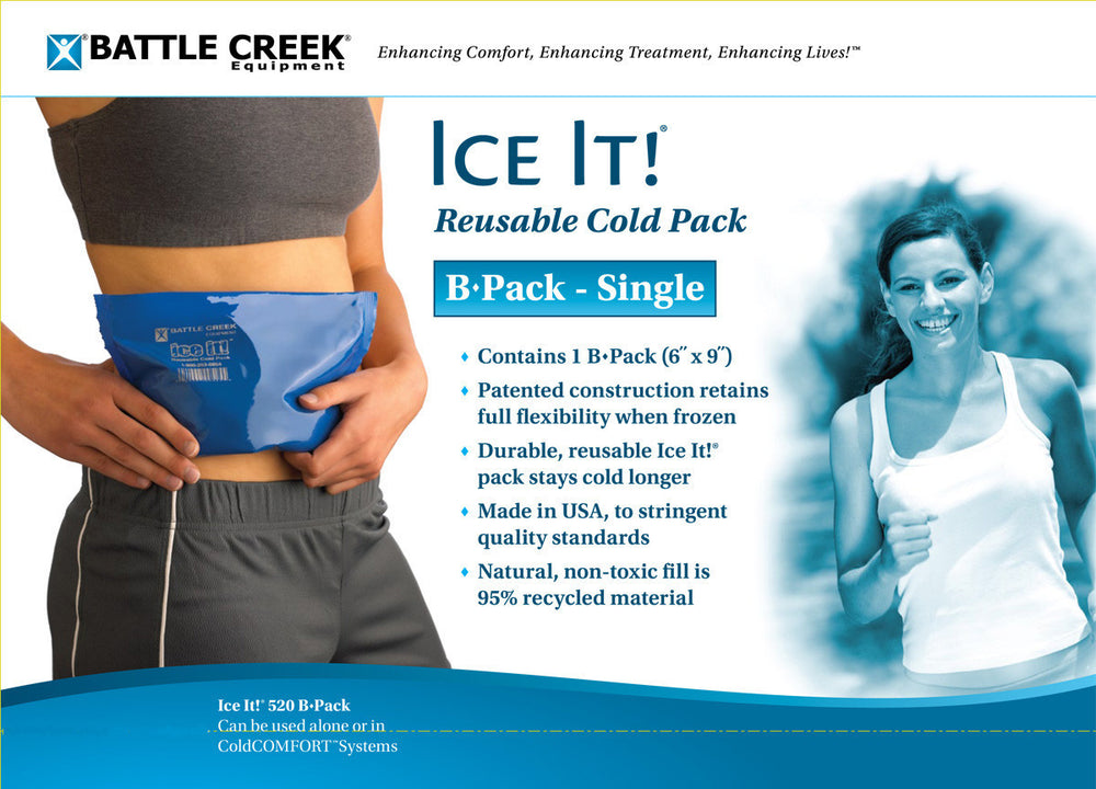 label showing Battle Creek  Ice it reusable cold pack  b pack single package contains 1 b pack (6 X 9)  photo of a person holding a ice pack on their side , another photo of a women jogging