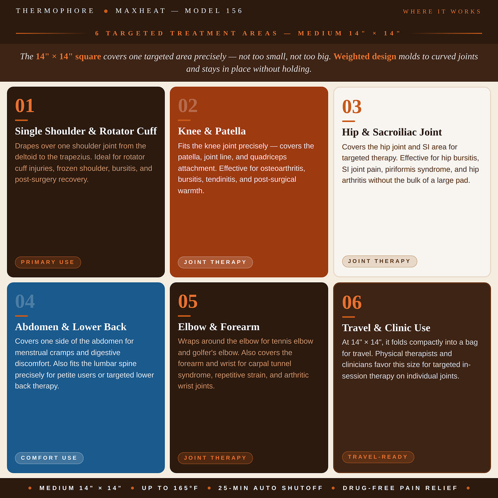 Thermophore MaxHEAT Model 156 use cases infographic — 6 Targeted Treatment Areas, Medium 14x14. Intro strip states the 14x14 square covers one targeted area precisely with weighted design that molds to curved joints and stays in place without holding. Six cards: 01 Single Shoulder and Rotator Cuff primary use, drapes over one shoulder joint from the deltoid to the trapezius, ideal for rotator cuff injuries, frozen shoulder, bursitis, and post-surgery recovery; 02 Knee and Patella joint therapy, fits the kne