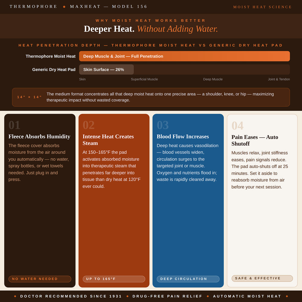 Thermophore MaxHEAT Model 156 moist heat science infographic — Deeper Heat. Without Adding Water. Heat penetration depth bar chart showing Thermophore moist heat reaching Deep Muscle and Joint at full penetration versus Generic Dry Heat Pad reaching Skin Surface Only at 26 percent. Depth scale labeled Skin, Superficial Muscle, Deep Muscle, Joint and Tendon. Callout strip labeled 14x14: the medium format concentrates all that deep moist heat onto one precise area — a shoulder, knee, or hip — maximizing thera