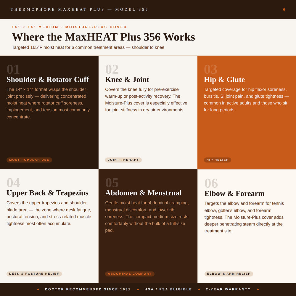 Where the MaxHEAT Plus 356 Works — 6-area grid: shoulder & rotator cuff, knee & joint, hip & glute, upper back & trapezius, abdomen & menstrual, elbow & forearm