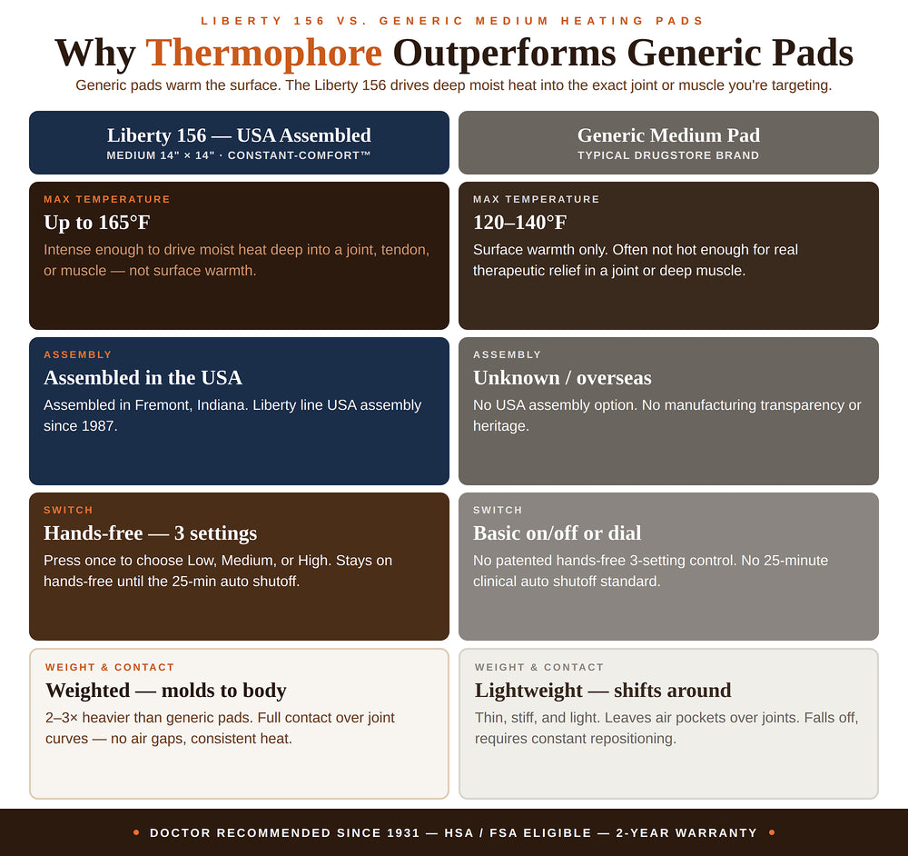 Comparison chart of Thermophore heating pads with Liberty 156 and generic medium pad.