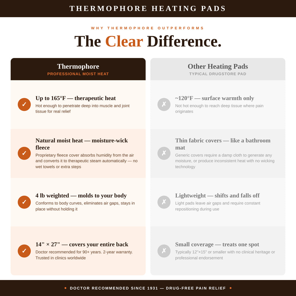 Comparison chart of Thermopore heating pads with other heating pads on a white background.