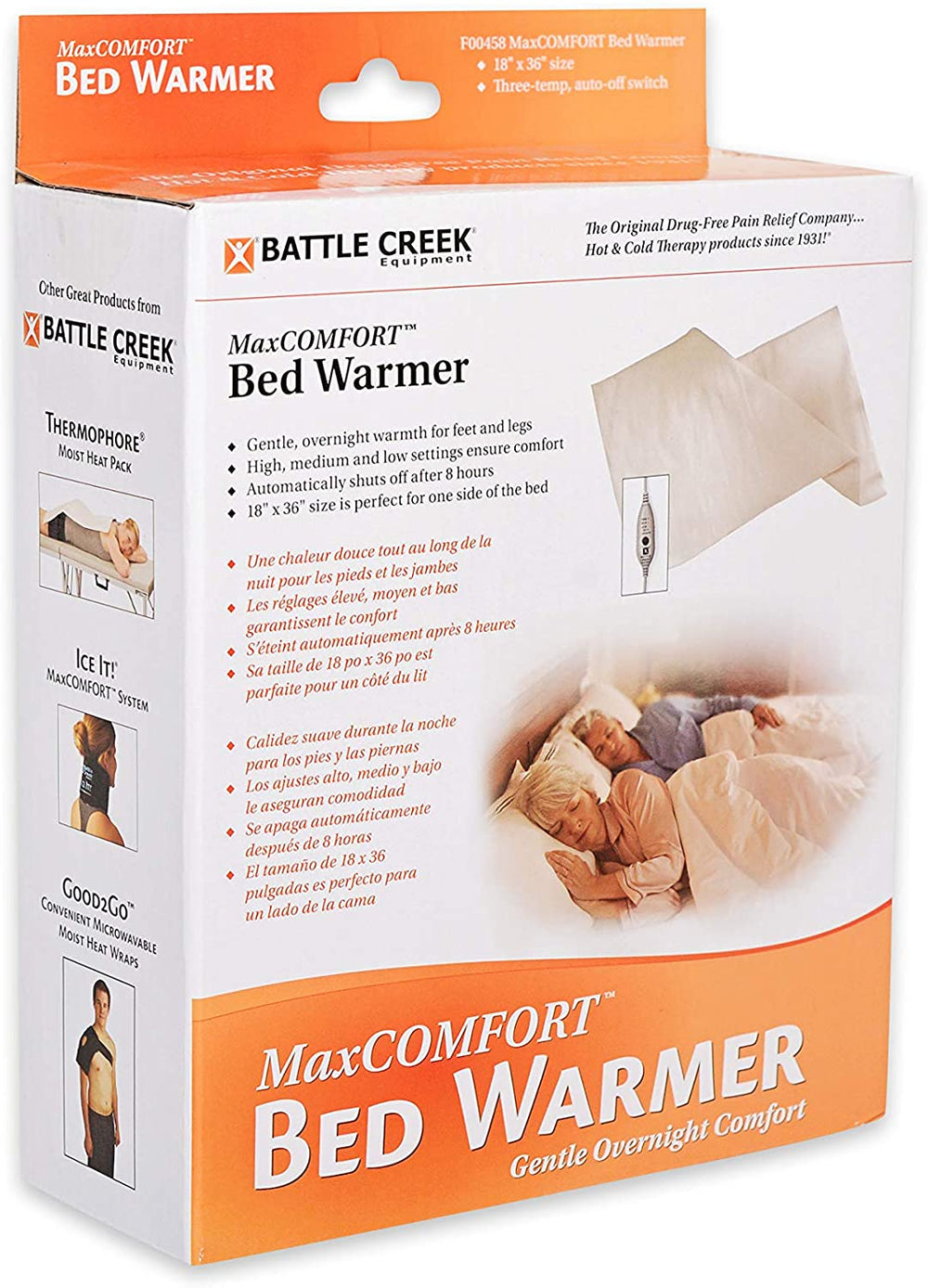 box containing a bed warmer,  battle creek equipment  max comfort bed warmer box shown from the front and side view 