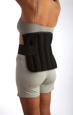 sideview of a person wearing a large black wrap on the lower back 
