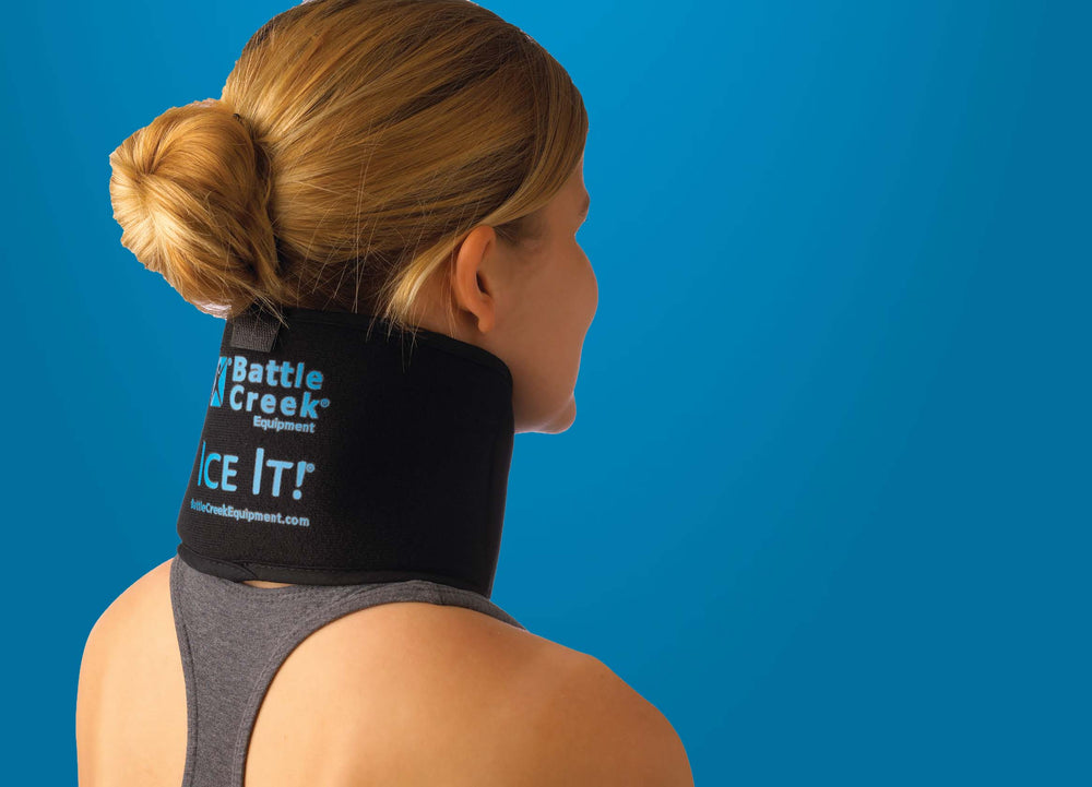 woman wearing a battle creek ice it neck wrap 