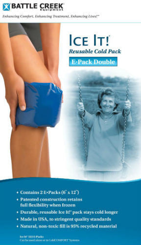 label  Battle creek Ice it e pack double , Photo of a person holding an ice pack on their knee 