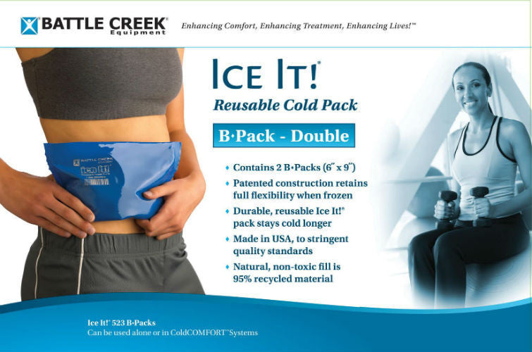 label  Battle Creek Ice it  reusable  cold pack,  B pack double , contains 2 b packs (6 X 9)  person holding a blue ice pack on their side 