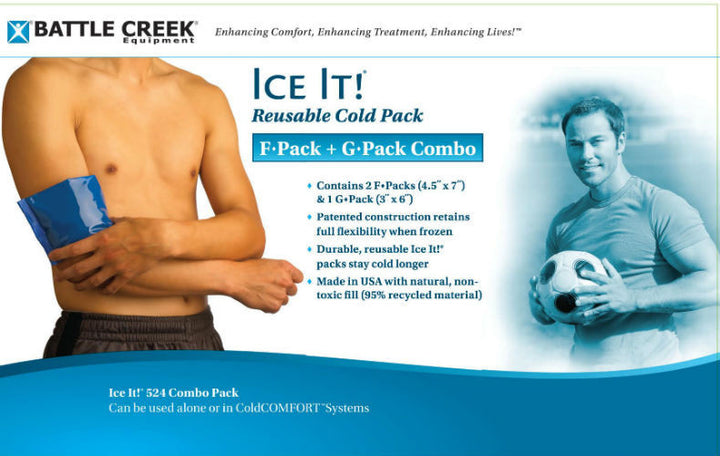 Label Battle Creek Ice it Reusable cold pack F pack and G pack combo,  photo of a person holding an ice pack on their upper arm  