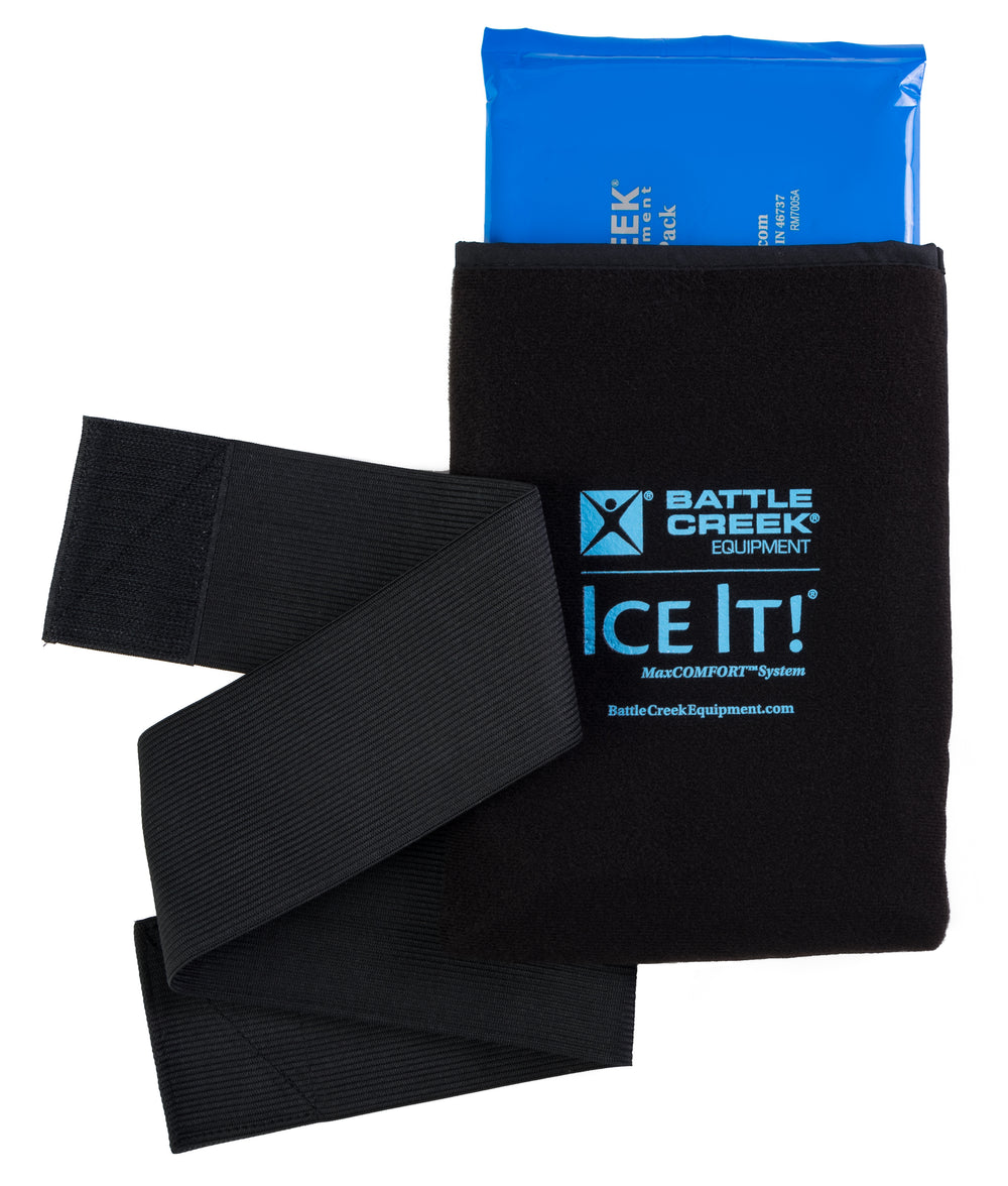 photo  of a black battle creek ice it wrap and blue ice pack 