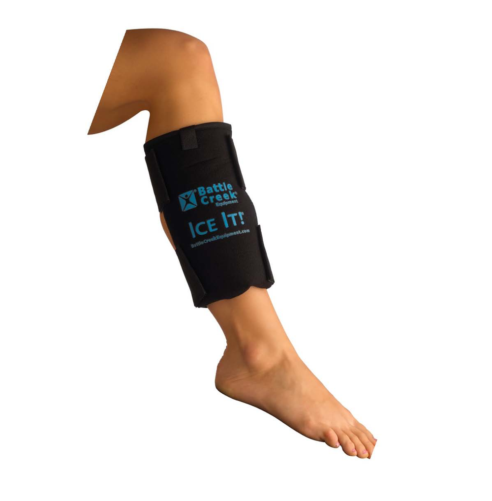 photo of a leg with a battle creek ice it wrap on the calf 