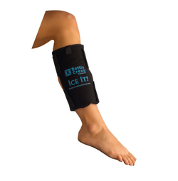 photo of a leg with a battle creek ice it wrap on the calf 