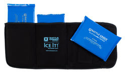photo of a black pad with  3 blue ice packs