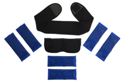  6 blue ice packs ,  a black fabric wrap with velcro  closure 