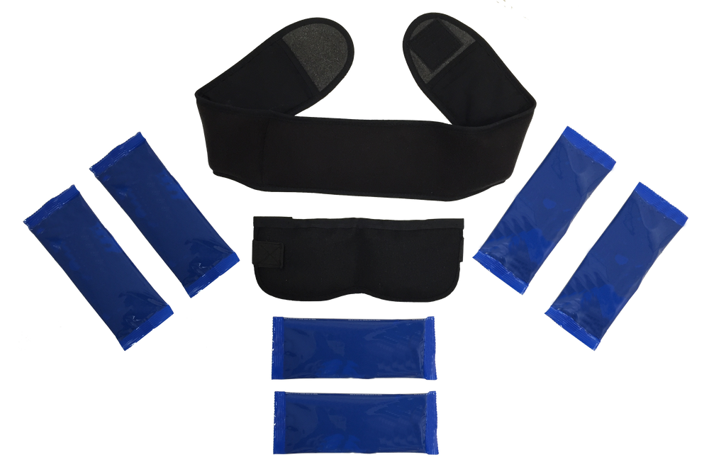  6 blue ice packs ,  a black fabric wrap with velcro  closure 