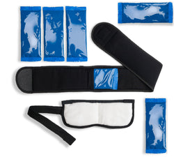 blue ice packs, black fabric wrap with ice pack in a pocket inside the wrap and eye mask with velcro closure 