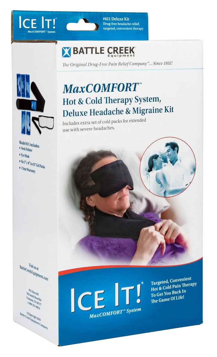 Photo of a box containing Battle creek Ice it  deluxe headache and migraine kit  
