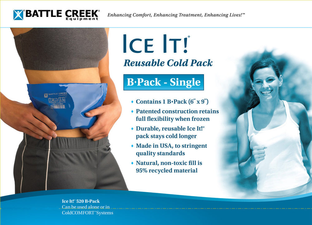 label showing Battle Creek  Ice it reusable cold pack  b pack single package contains 1 b pack (6 X 9)  photo of a person holding a ice pack on their side , another photo of a women jogging 